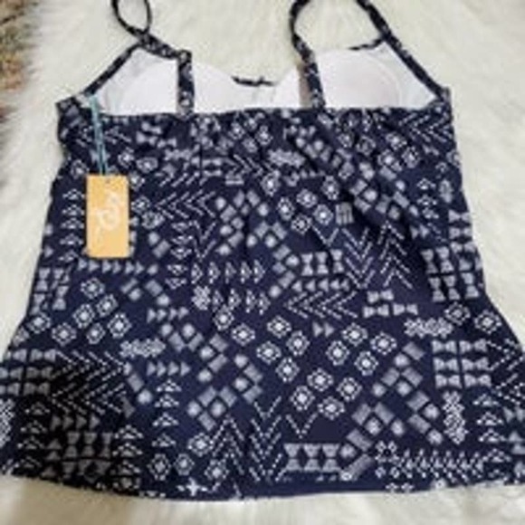 Kona Sol Blue and White Print Tankini Top Swimsuit -18W - Picture 2 of 5